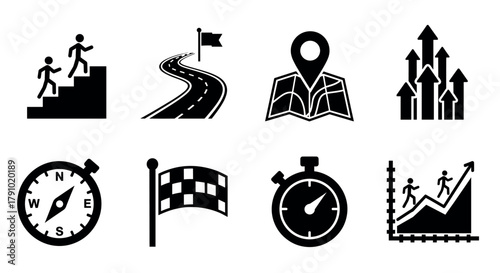 Set of black icons depicting navigation and progress, including a road, map, compass, stopwatch, and upward arrows, symbolizing success and direction.