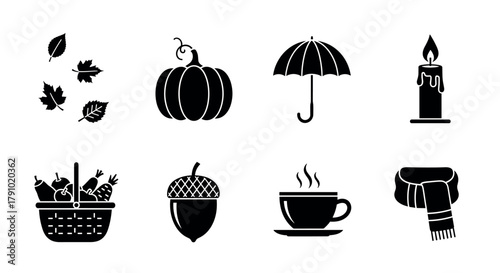 Black silhouette icons representing autumn, including leaves, a pumpkin, an umbrella, a candle, a basket of vegetables, an acorn, a steaming cup, and a scarf.