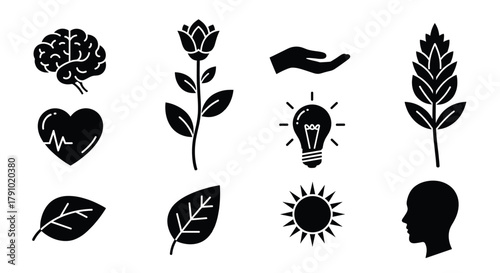 Black silhouette icons of a brain, rose, hand, heart, light bulb, wheat, leaves, sun, and head, representing concepts like health, nature, and innovation.