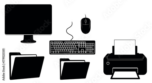 Black silhouette icons of a computer monitor, keyboard, mouse, two file folders, and a printer on a white background.