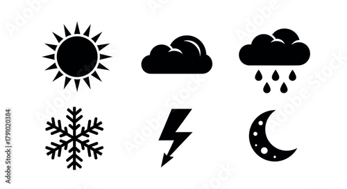 Set of six black weather icons featuring a sun, two clouds, one with rain, a snowflake, a lightning bolt, and a crescent moon.