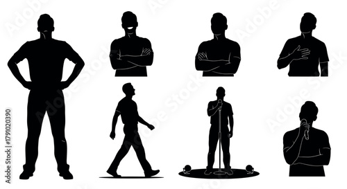 Silhouettes of a young male figure in various confident poses, including standing with arms crossed, walking, and speaking into a microphone.