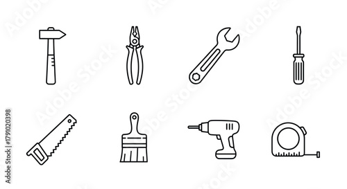 Simple black outline icons of various hand tools including a hammer, pliers, wrench, screwdriver, saw, paintbrush, power drill, and measuring tape.