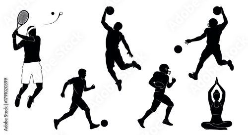 Silhouettes of male athletes engaged in various sports activities, including tennis, basketball, soccer, american football, and yoga.