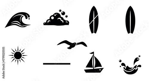 Black silhouette icons representing a wave, bubbles, surfboard, sun, seagull, sailboat, and splash, illustrating nautical and beach themes.
