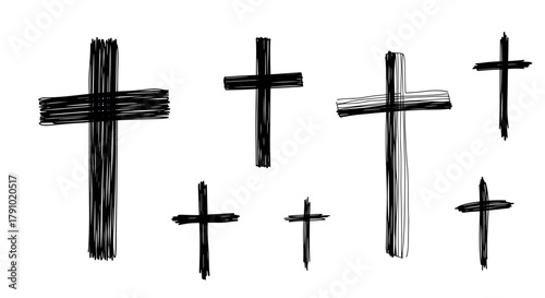 Hand-drawn black crosses of various sizes and thicknesses arranged sporadically on a white background.