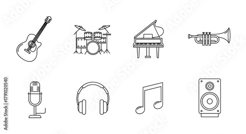 Black outline vector icons of various musical instruments including guitar, drum set, piano, trumpet, microphone, headphones, musical note, and speaker.