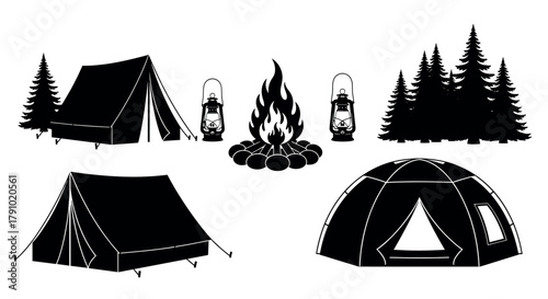 Black silhouette icons of various camping elements including tents, a campfire with stones, lanterns, and pine trees arranged in a cohesive layout.