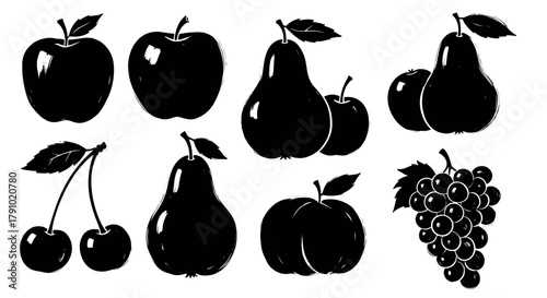 Black silhouette icons of apples, pears, cherries, grapes, and peaches with detailed leaves and stems. bold, simple shapes for food and nature themes.