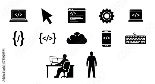 Collection of black silhouette icons representing coding and technology, including laptops, a mouse cursor, code brackets, gears, a cloud, and a person at a desk.