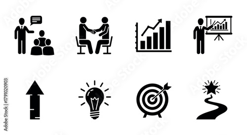 Black icons depicting various business and success concepts including communication, teamwork, growth charts, presentations, goals, and innovation.