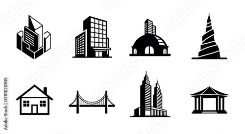 Set of black outline vector icons depicting various architectural structures including skyscrapers, a bridge, a dome, and a traditional house.