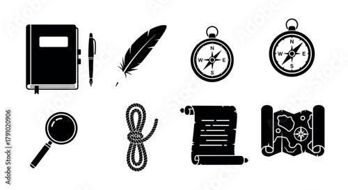 Black silhouette icons of a notebook with pen, quill, compass, magnifying glass, knotted rope, scroll, and map, representing exploration and writing themes.