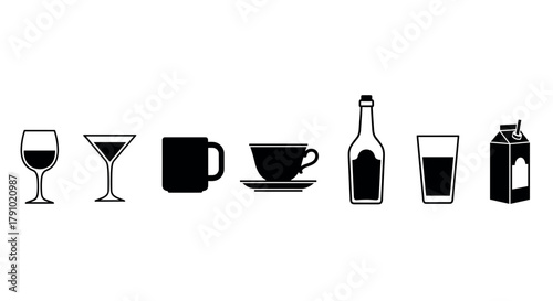 Black outline icons of various drinkware, including wine glasses, a coffee mug, a teacup with saucer, a bottle, a tall glass, and a milk carton.
