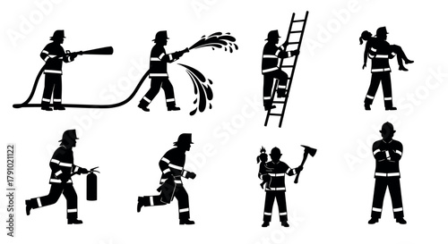 Black silhouette illustrations of firefighters in various action poses, including using a hose, climbing a ladder, and carrying a child.