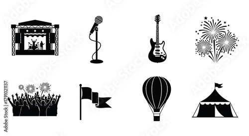 Black silhouette icons of a stage with performers, microphone, electric guitar, fireworks, cheering crowd, flag, hot air balloon, and circus tent.