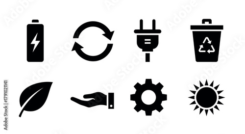 Black icons representing sustainability concepts including battery, recycling, plug, trash bin, leaf, hand, gear, and sun.