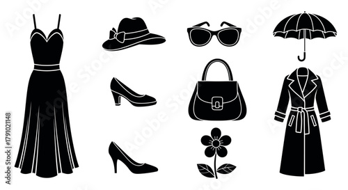 Black silhouette icons of a women's fashion set including a dress, hat, sunglasses, umbrella, shoes, handbag, flower, and coat.