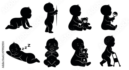 Silhouettes of infants engaged in various activities, including crawling, standing, holding toys, sleeping, and laughing, showcasing early childhood development.