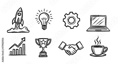 Hand-drawn black outline icons depicting a rocket launching, light bulb, gear, laptop, ascending graph, trophy, handshake, and coffee cup.