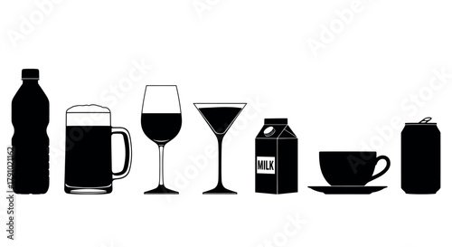 Black silhouette icons of various drink containers including a water bottle, beer mug, wine glass, cocktail glass, milk carton, coffee cup, and soda can.