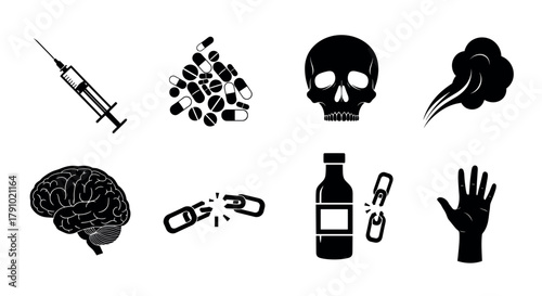 Black silhouette icons of a syringe, scattered pills, a skull, smoke, a brain, broken handcuffs, a medicine bottle, and a raised hand on a white background.
