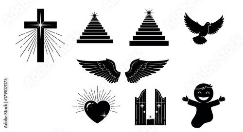 Black and white symbols including a cross with rays, doves, angel wings, a radiant heart, open gates, and a child with outstretched arms, depicting spiritual themes.