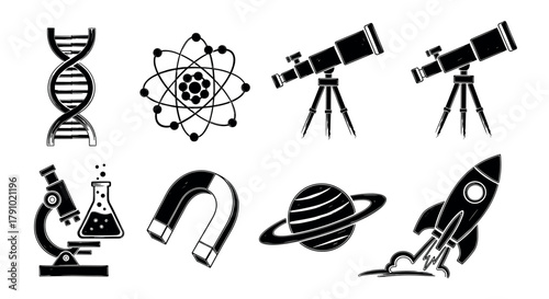 Set of black silhouette science icons featuring dna, atom, telescopes, microscope, beaker, magnet, saturn, and a rocket launching.