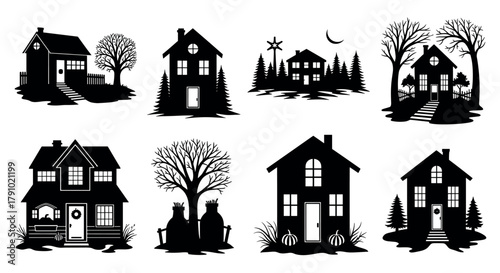 Set of black silhouette icons depicting various two-story houses with trees, fences, and seasonal decorations, illustrating different architectural styles.