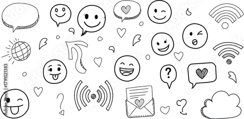 Sketchy Social Media & Chat Doodles - Emoticons, Messages, Wifi Icons