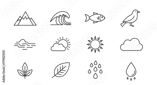 Simple black outline icons featuring a mountain, ocean wave, fish, bird, and various weather and nature elements including sun, clouds, leaves, and raindrops.
