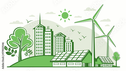 Green energy eco city with wind turbines and green landscape