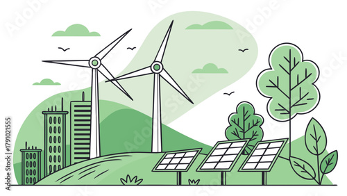 Wind turbines generating renewable energy in a green landscape