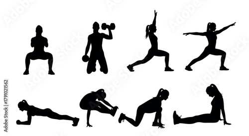 Silhouettes of men and women performing various fitness exercises, including squats, lunges, and yoga on a white background.
