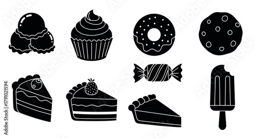 Black silhouette icons of various desserts including ice cream, cupcake, donut, cookie, candy, cake slices, and a popsicle, depicted in simple linear style.