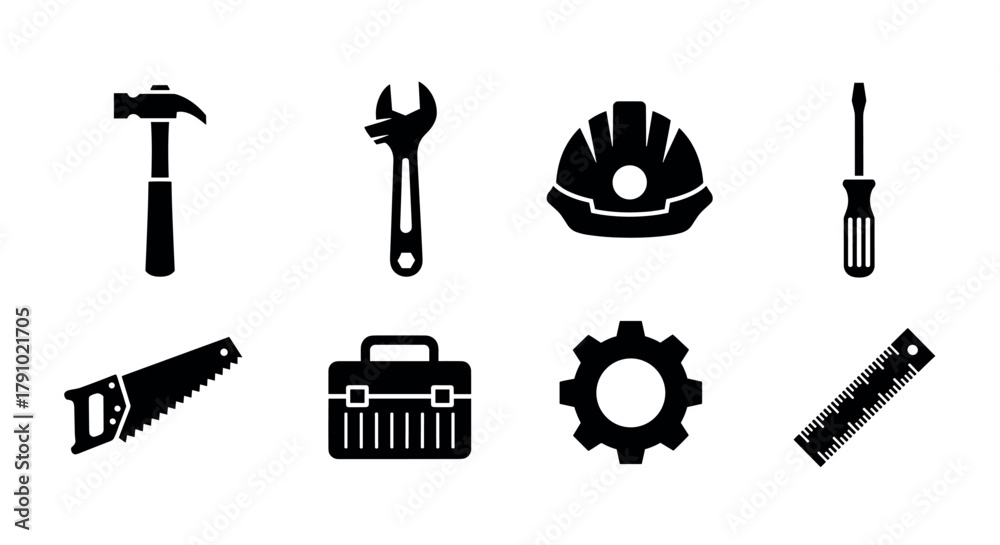 Obraz premium Black silhouette icons of basic tools including hammer, wrench, hard hat, screwdriver, saw, toolbox, gear, and ruler for construction and diy concepts.
