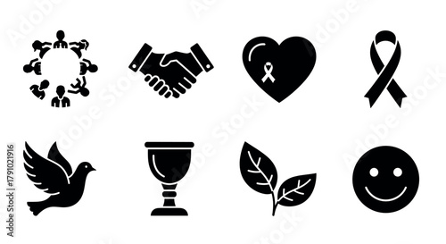 Eight black silhouette icons featuring diverse symbols including team cooperation, handshake, heart with ribbon, awareness ribbon, dove, chalice, leaves, and smiling face.