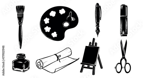 Black and white ink drawings of artistic tools, including a paintbrush, palette, pen, ink bottle, paper scroll, easel, and scissors.
