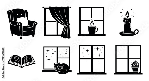 Black silhouette icons of a cozy armchair, curtained and bare windows, a steaming mug, a burning candle, an open book, a resting cat, and a potted plant.