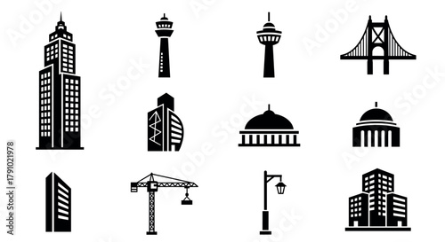 Black silhouette icons of various architectural structures, including skyscrapers, towers, a bridge, a crane, and street lamps.