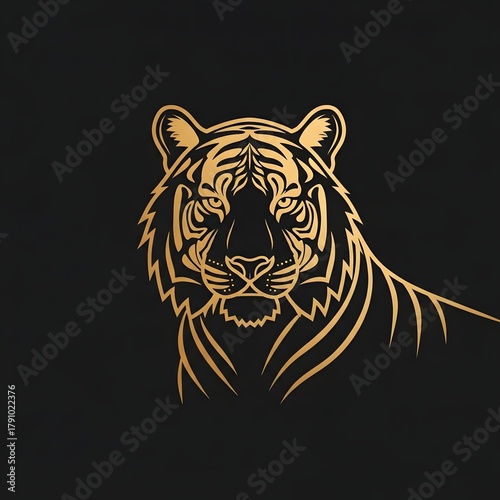 Flat minimal golden line art of a tiger silhouette on black background, elegant luxury vector design, symbol of power, grace, and premium minimal animal aesthetic