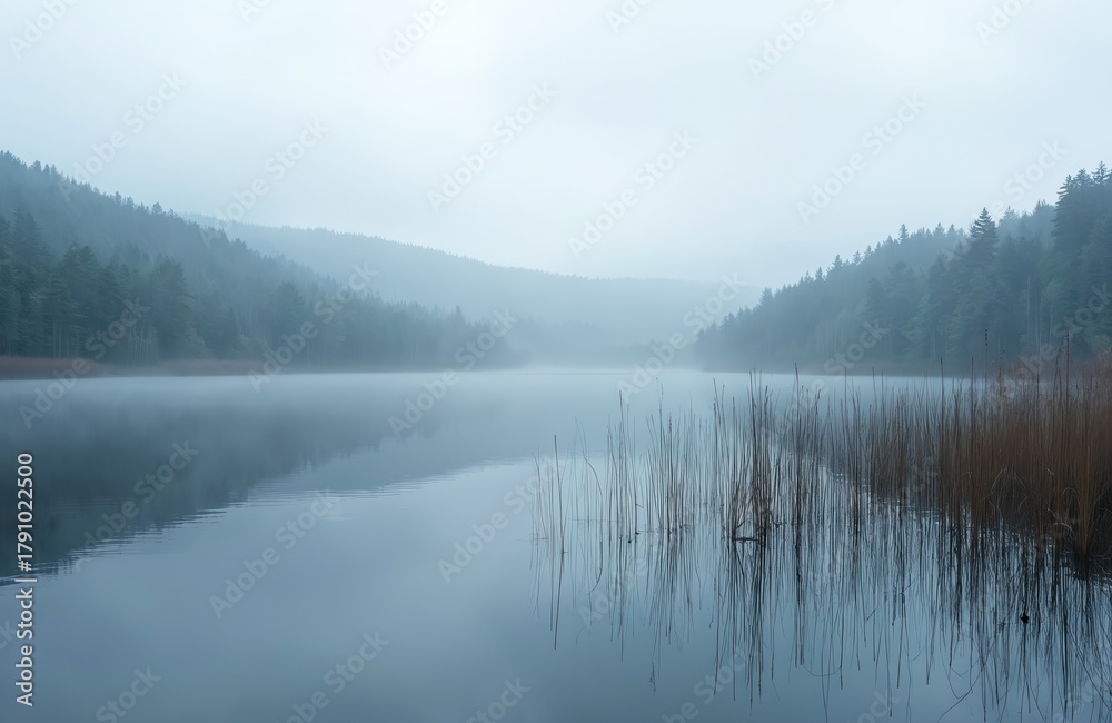 Fototapeta premium Calm lake shrouded in mist with tall reeds on shore. Dense pine forest covers hills in background. Serene nature scene evokes quiet autumn mood.