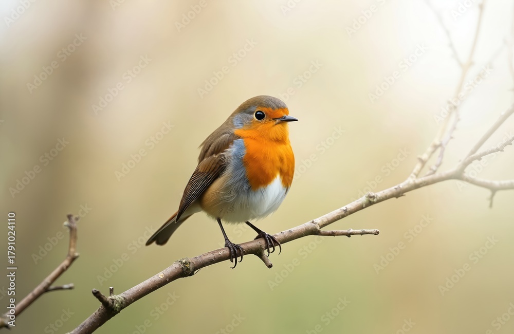 Fototapeta premium European robin sits on tree branch in rich green forest. Small bird displays vibrant orange and brown plumage against natural backdrop. It appears calm and alert observing its surroundings.