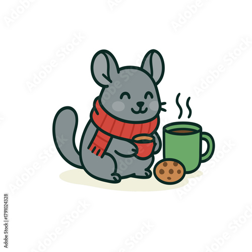 Cozy Chinchilla Mascot With Cocoa Mug, Scarf, And Cookie