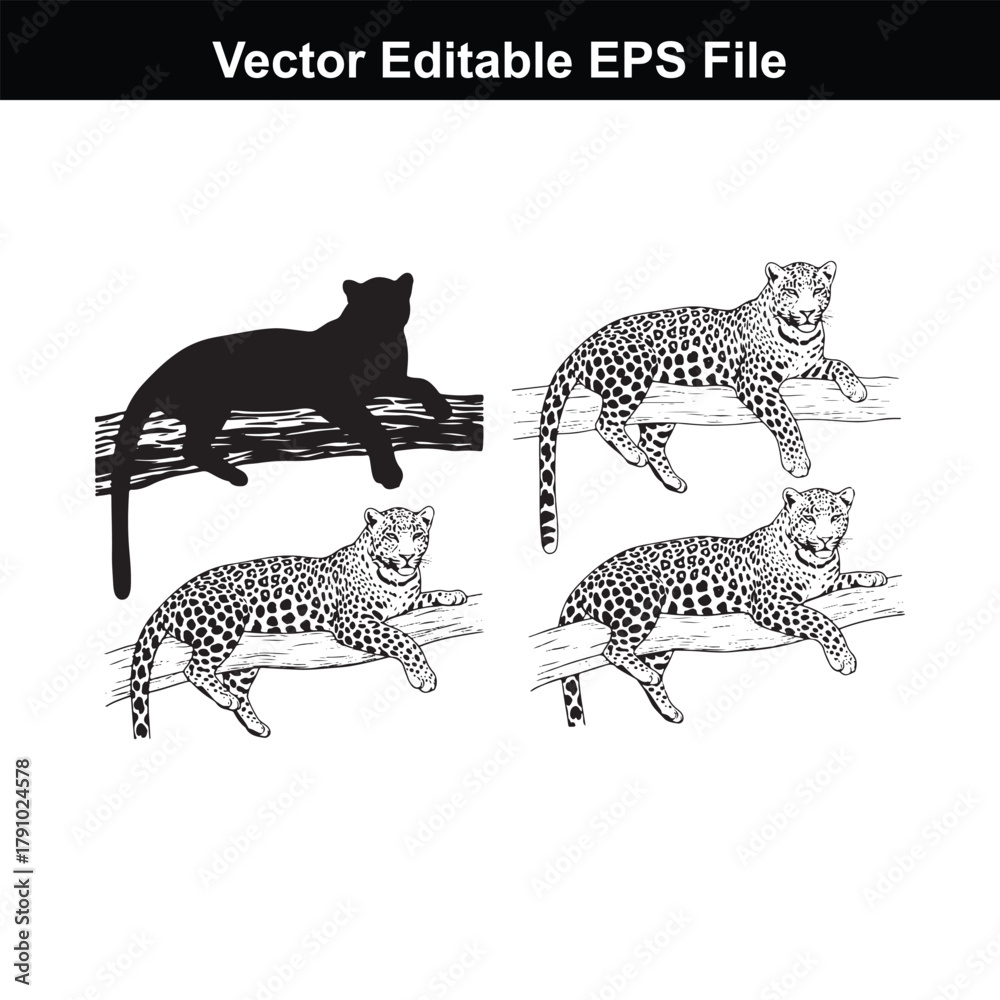 Fototapeta premium Four leopards resting on tree branches, one black silhouette and three spotted