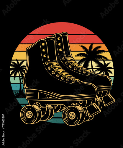 vintage retro sunset distressed roller skates skating sport 
palm trees silhouettes cool graphic
