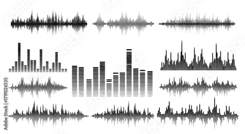 This vector illustration blends dynamic sound waves with a modern city skyline to create a stylish and futuristic visual concept. The monochrome design highlights urban buildings while incorporating a