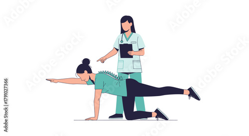 Physiotherapist, doctor supervising and assisting woman in bird dog exercise, back alignment and core strengthening exercises for rehabilitation and wellness at clinic