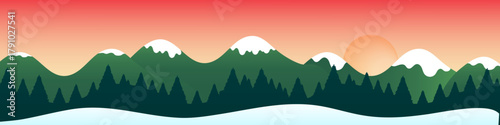A stylized illustration of a winter mountain landscape with snow-capped peaks, a dense evergreen forest, and a setting or rising sun in a vibrant sky.