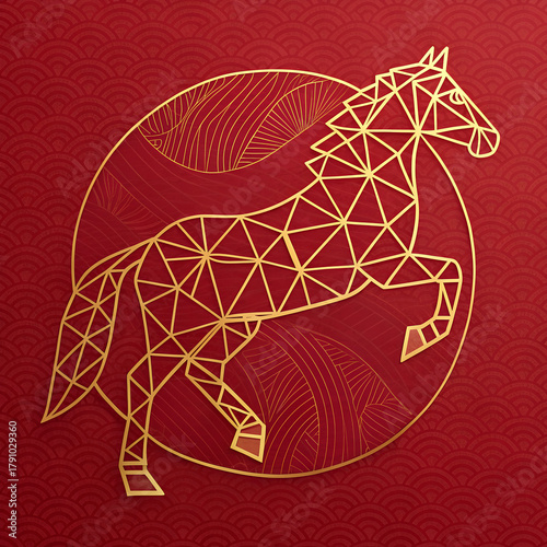 Minimalist geometric horse pattern with gold line art on red textured background, elegant packaging.